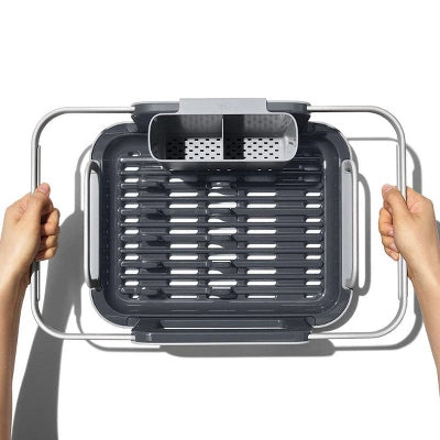 Alternative view of OXO Over The Sink Dish Rack: Aluminum Freestanding Dish Drainer & Sink Caddy, Hand Wash, Gray, 15″x11.5″x5.7″