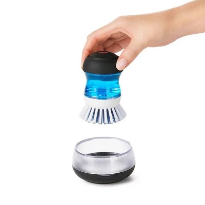 OXO Soap Dispensing Palm Brush Storage Set: Nylon Scrub Brush For Multi-Surface Dish Cleaning, Reusable, Black