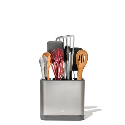 OXO Adjustable Stainless Steel Utensil Holder: Kitchen Utensil Caddy, Hand Wash, Silver, 7.3″ Height, 7.9″ Width